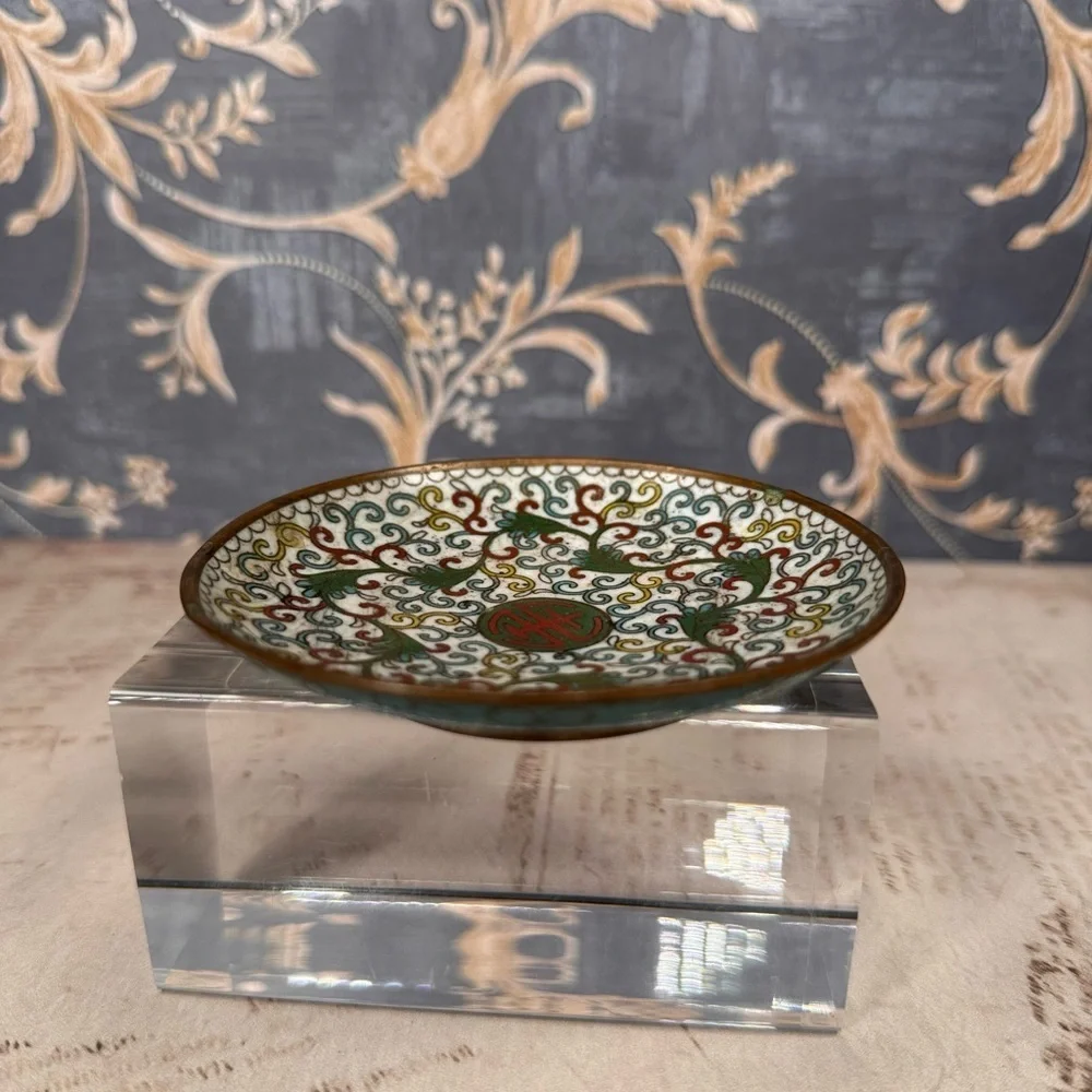 Vintage Estate Chinese Cloisonne Brass Enamel Floral Trinket Dish